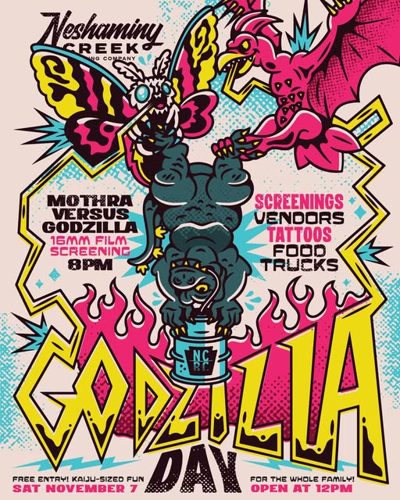 Godzilla Day flyer: Mothra versus Godzilla on 16mm at 8PM, screenings, vendors, tattoos, food trucks. Free entry, Sat November 7, open at 12PM.